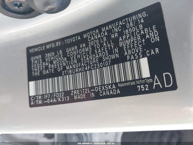 Продажа на аукционе авто 2015 Toyota Corolla S Plus, vin: 2T1BURHE4FC230107, номер лота: 44998815