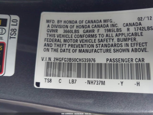 Aukcja sprzedaży 2012 Honda Civic Lx, vin: 2HGFG3B50CH535976, numer aukcji: 44998830