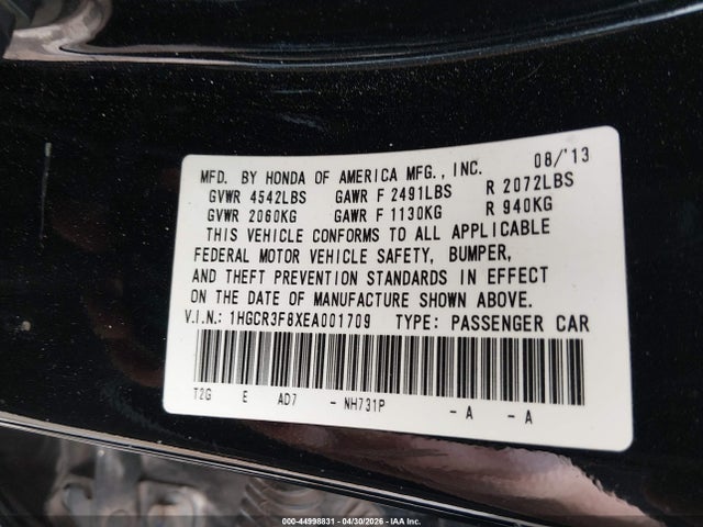 Продажа на аукционе авто 2014 Honda Accord Ex-l V-6, vin: 1HGCR3F8XEA001709, номер лота: 44998831