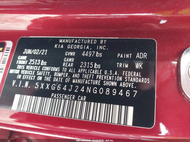 44998835 :رقم المزاد ، 5XXG64J24NG089467 vin ، 2022 Kia K5 Gt-line مزاد بيع
