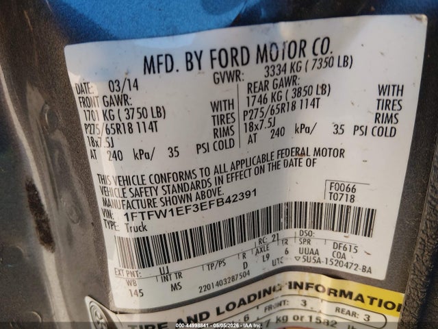 2014 Ford F-150 Xlt მანქანა იყიდება აუქციონზე, vin: 1FTFW1EF3EFB42391, აუქციონის ნომერი: 44998841
