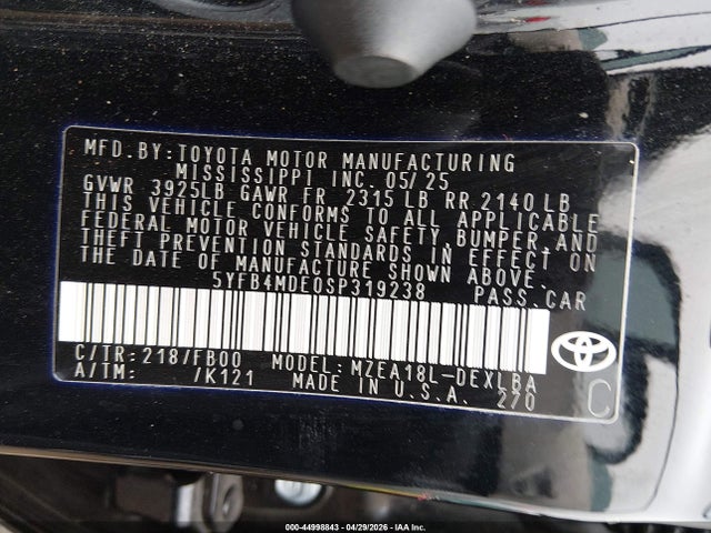 Продаж на аукціоні авто 2025 Toyota Corolla Le, vin: 5YFB4MDE0SP319238, номер лоту: 44998843