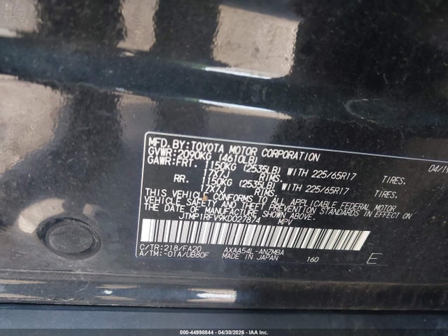 Продаж на аукціоні авто 2019 Toyota Rav4 Xle, vin: JTMP1RFV9KD027874, номер лоту: 44998844