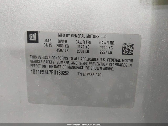 2015 Chevrolet Malibu 1lz მანქანა იყიდება აუქციონზე, vin: 1G11F5SL7FU139298, აუქციონის ნომერი: 44998854