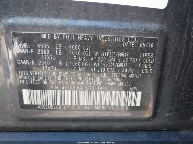 44998871 :رقم المزاد ، 4S4BRBGC1B3311072 vin ، 2011 Subaru Outback 2.5i Premium مزاد بيع