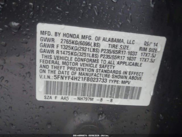 2015 Honda Pilot Lx მანქანა იყიდება აუქციონზე, vin: 5FNYF4H21FB023733, აუქციონის ნომერი: 44998874
