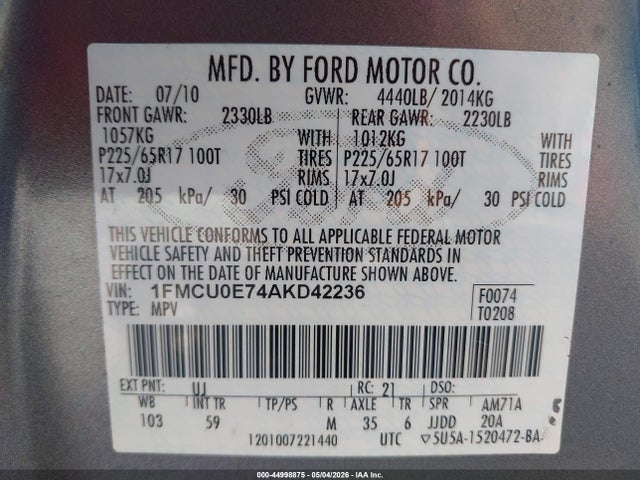 2010 Ford Escape Limited მანქანა იყიდება აუქციონზე, vin: 1FMCU0E74AKD42236, აუქციონის ნომერი: 44998875