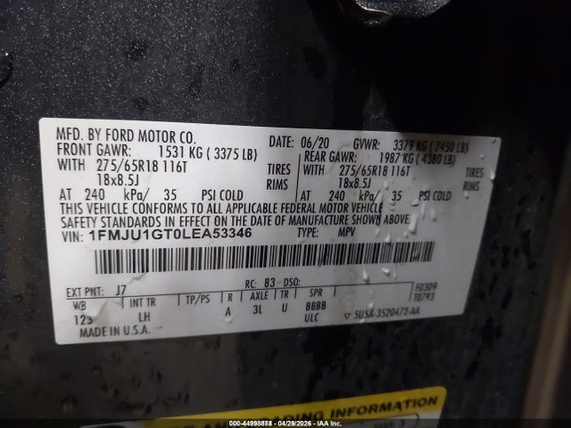 44998878 :رقم المزاد ، 1FMJU1GT0LEA53346 vin ، 2020 Ford Expedition Xl مزاد بيع