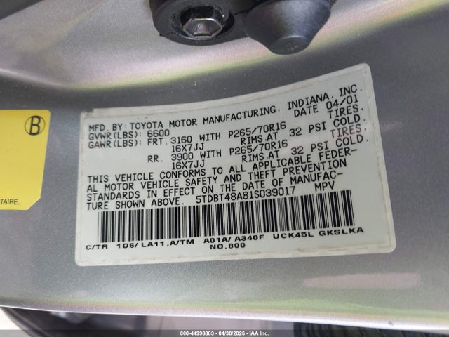 44998883 :رقم المزاد ، 5TDBT48A81S039017 vin ، 2001 Toyota Sequoia Limited V8 مزاد بيع