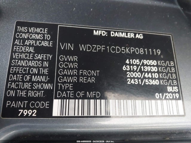 Aukcja sprzedaży 2019 Mercedes-benz Sprinter 2500 High Roof V6, vin: WDZPF1CD5KP081119, numer aukcji: 44998889