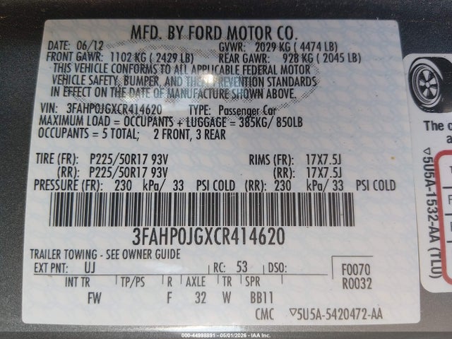 Aukcja sprzedaży 2012 Ford Fusion Sel, vin: 3FAHP0JGXCR414620, numer aukcji: 44998891