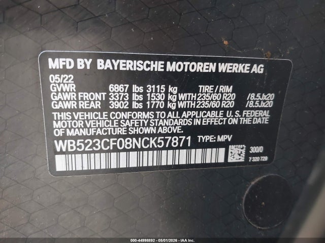 2022 Bmw Ix Xdrive50 მანქანა იყიდება აუქციონზე, vin: WB523CF08NCK57871, აუქციონის ნომერი: 44998892