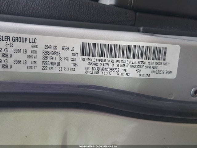 Aukcja sprzedaży 2012 Dodge Durango Sxt, vin: 1C4RDHAG4CC285763, numer aukcji: 44998900