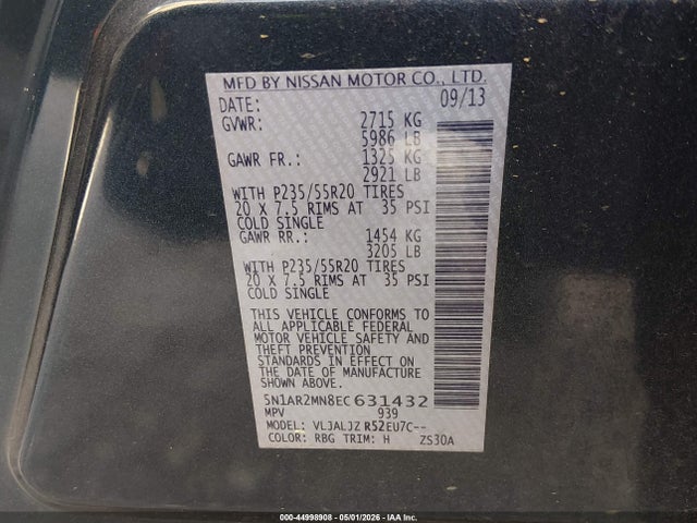 Продажа на аукционе авто 2014 Nissan Pathfinder Platinum, vin: 5N1AR2MN8EC631432, номер лота: 44998908