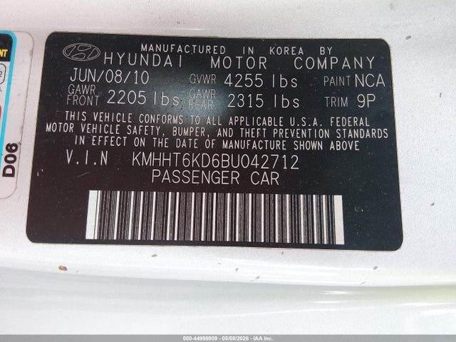 Продаж на аукціоні авто 2011 Hyundai Genesis 2.0t, vin: KMHHT6KD6BU042712, номер лоту: 44998909