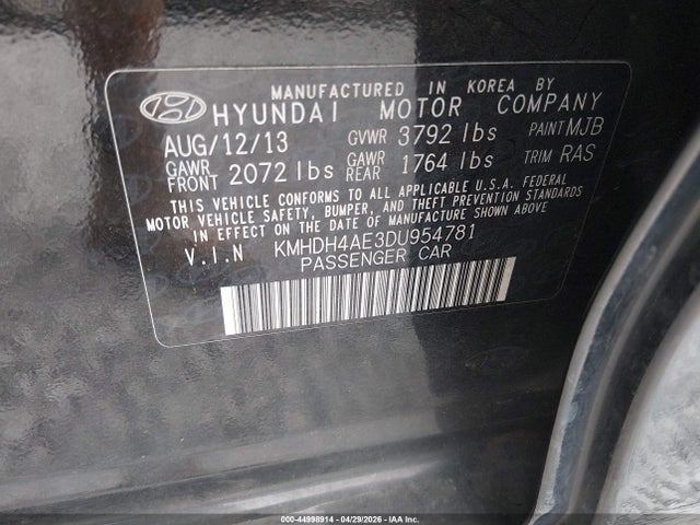 Aukcja sprzedaży 2013 Hyundai Elantra Gls, vin: KMHDH4AE3DU954781, numer aukcji: 44998914