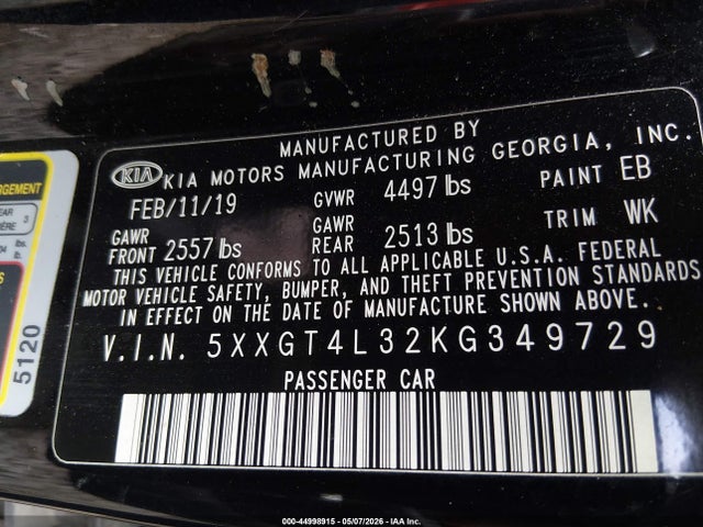 2019 Kia Optima Lx მანქანა იყიდება აუქციონზე, vin: 5XXGT4L32KG349729, აუქციონის ნომერი: 44998915