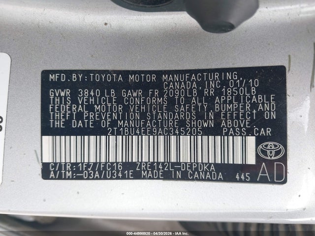 44998920 :رقم المزاد ، 2T1BU4EE9AC345205 vin ، 2010 Toyota Corolla Le مزاد بيع