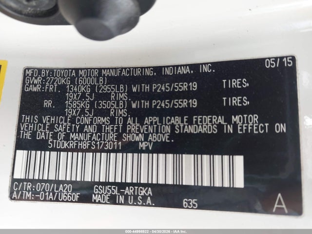 Toyota Highlander Limited V6 2015 5TDDKRFH8FS173011 Image 9