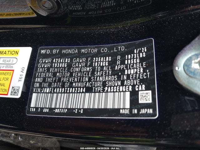 44998926 :رقم المزاد ، JHMFL4H99TX002304 vin ، 2026 Honda Civic Hybrid Sport Touring مزاد بيع
