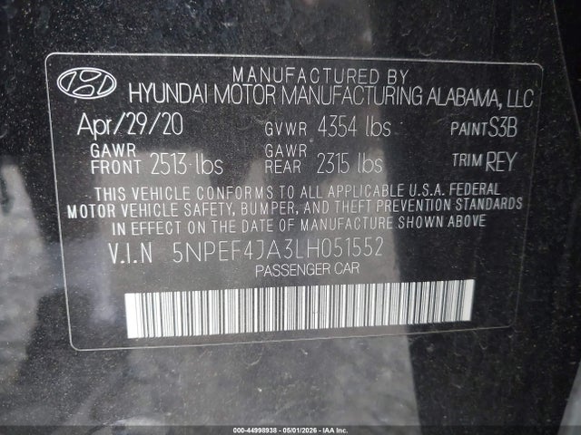Продажа на аукционе авто 2020 Hyundai Sonata Sel, vin: 5NPEF4JA3LH051552, номер лота: 44998938