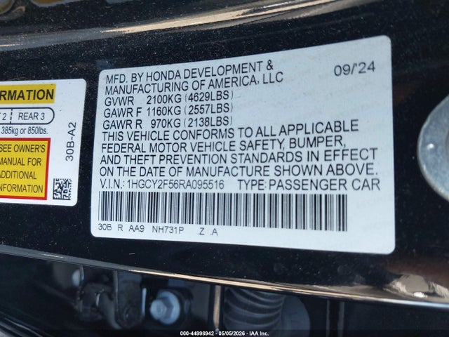 2024 Honda Accord Hybrid Sport მანქანა იყიდება აუქციონზე, vin: 1HGCY2F56RA095516, აუქციონის ნომერი: 44998942