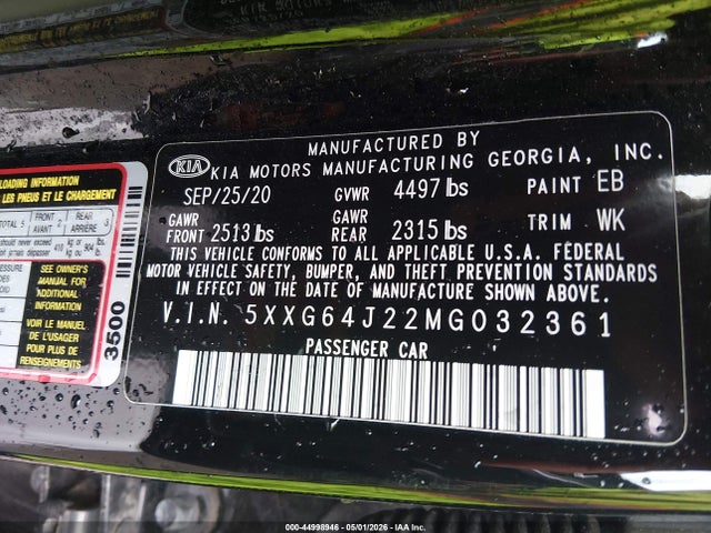 2021 Kia K5 Gt-line მანქანა იყიდება აუქციონზე, vin: 5XXG64J22MG032361, აუქციონის ნომერი: 44998946