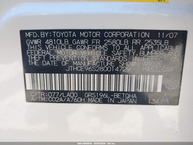 Aukcja sprzedaży 2008 Lexus Gs 350, vin: JTHCE96S280014729, numer aukcji: 44998948