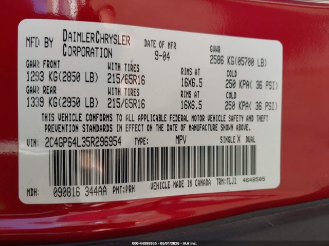 44998965 :رقم المزاد ، 2C4GP64L35R296954 vin ، 2005 Chrysler Town & Country Limited مزاد بيع