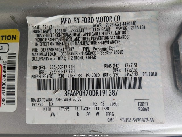 Продажа на аукционе авто 2013 Ford Fusion Se, vin: 3FA6P0H70DR191387, номер лота: 44998967