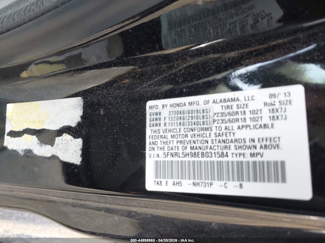Aukcja sprzedaży 2014 Honda Odyssey Touring/touring Elite, vin: 5FNRL5H98EB031584, numer aukcji: 44998968