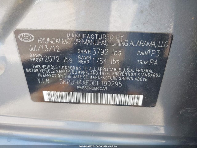 2013 Hyundai Elantra Gls/limited მანქანა იყიდება აუქციონზე, vin: 5NPDH4AE0DH199295, აუქციონის ნომერი: 44998977
