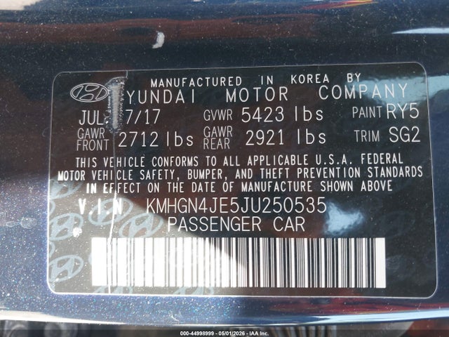 Aukcja sprzedaży 2018 Genesis G80 3.8, vin: KMHGN4JE5JU250535, numer aukcji: 44998999