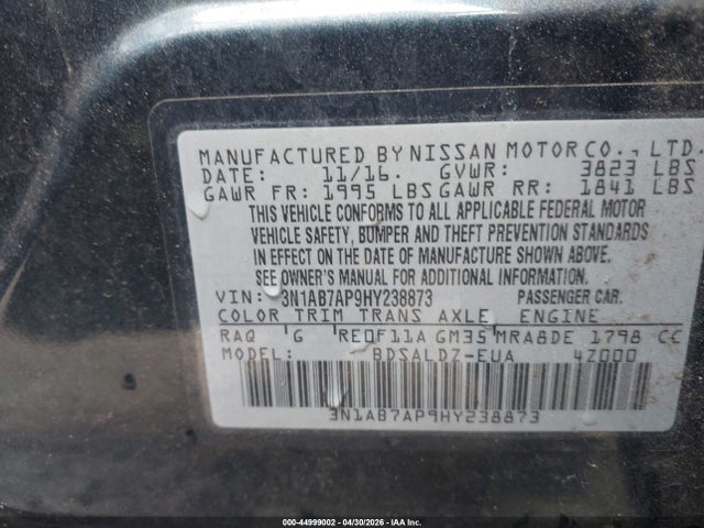 Продаж на аукціоні авто 2017 Nissan Sentra Sv, vin: 3N1AB7AP9HY238873, номер лоту: 44999002