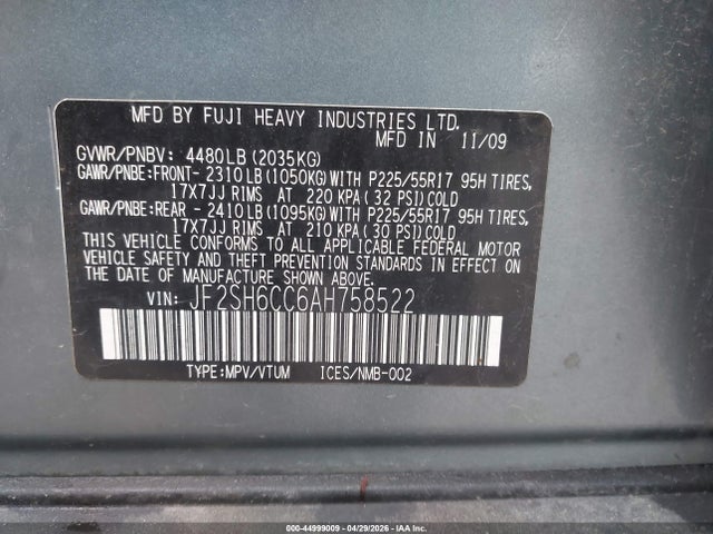Aukcja sprzedaży 2010 Subaru Forester 2.5x Premium, vin: JF2SH6CC6AH758522, numer aukcji: 44999009