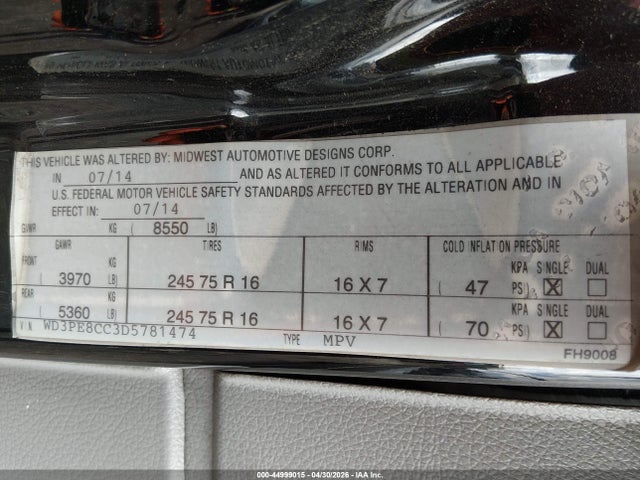 Aukcja sprzedaży 2013 Mercedes-benz Sprinter 2500 High Roof, vin: WD3PE8CC3D5781474, numer aukcji: 44999015