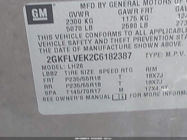 Aukcja sprzedaży 2012 Gmc Terrain Slt-1, vin: 2GKFLVEK2C6182387, numer aukcji: 44999016