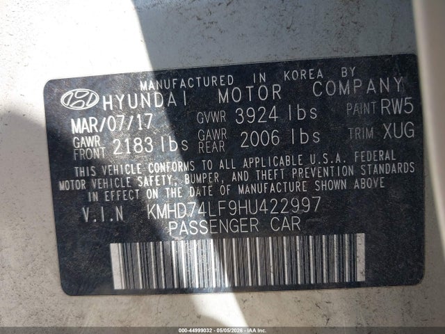 2017 Hyundai Elantra Se მანქანა იყიდება აუქციონზე, vin: KMHD74LF9HU422997, აუქციონის ნომერი: 44999032