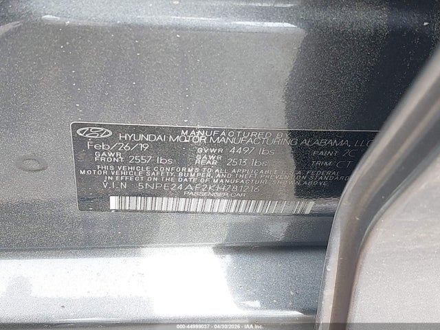 Aukcja sprzedaży 2019 Hyundai Sonata Se, vin: 5NPE24AF2KH781216, numer aukcji: 44999037