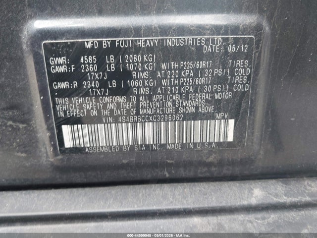 44999045 :رقم المزاد ، 4S4BRBCCXC3296062 vin ، 2012 Subaru Outback 2.5i Premium مزاد بيع