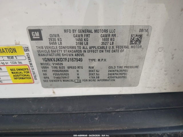 Aukcja sprzedaży 2015 Chevrolet Traverse Ltz, vin: 1GNKVJKD7FJ167949, numer aukcji: 44999049