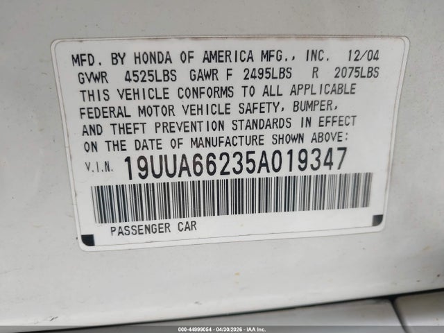 2005 Acura Tl მანქანა იყიდება აუქციონზე, vin: 19UUA66235A019347, აუქციონის ნომერი: 44999054