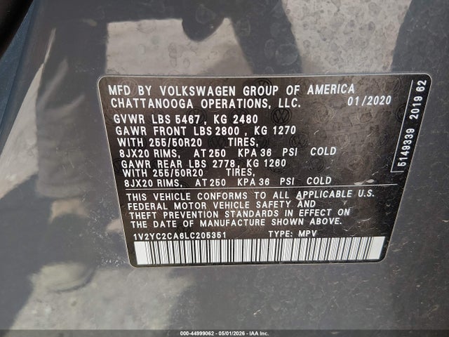 44999062 :رقم المزاد ، 1V2YC2CA6LC205351 vin ، 2020 Volkswagen Atlas Cross Sport 2.0t Se W/technology/2.0t Se W/technology R-line مزاد بيع