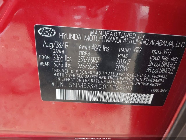 44999064 :رقم المزاد ، 5NMS33AD0LH166798 vin ، 2020 Hyundai Santa Fe Sel مزاد بيع