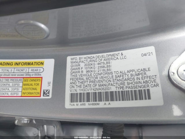 44999065 :رقم المزاد ، 1HGCV1F42MA062001 vin ، 2021 Honda Accord Sport Special Edition مزاد بيع