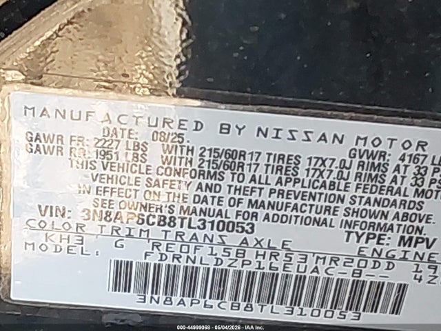 Aukcja sprzedaży 2026 Nissan Kicks Sv, vin: 3N8AP6CB8TL310053, numer aukcji: 44999068