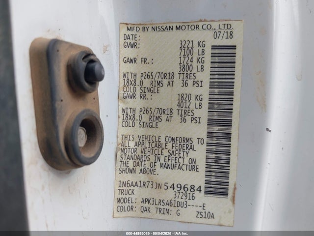 44999069 :رقم المزاد ، 1N6AA1R73JN549684 vin ، 2018 Nissan Titan S مزاد بيع