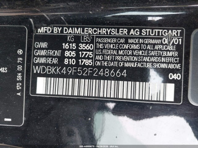 44999070 :رقم المزاد ، WDBKK49F52F248664 vin ، 2002 Mercedes-benz Slk 230 Kompressor مزاد بيع