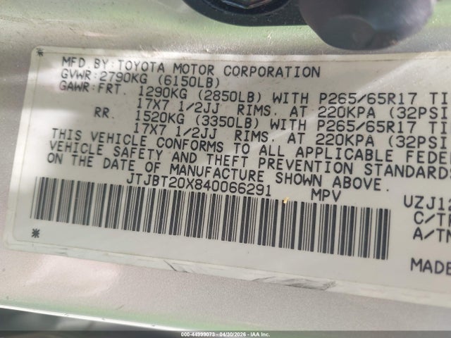 44999073 :رقم المزاد ، JTJBT20X840066291 vin ، 2004 Lexus Gx 470 مزاد بيع