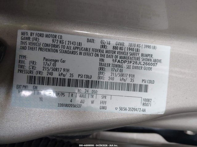 Продаж на аукціоні авто 2018 Ford Focus Se, vin: 1FADP3F28JL266007, номер лоту: 44999086